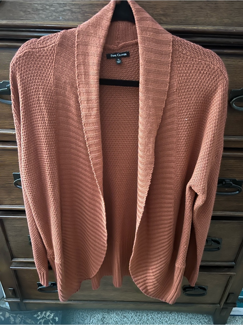 Pink Clover Shawl-Collar Open Cardigan in Rust